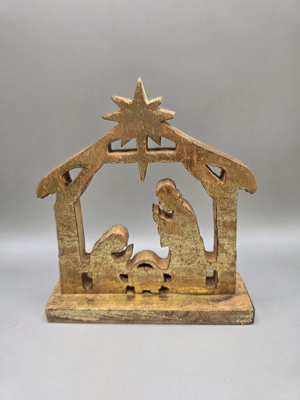 Vintage Rustic Wooden Nativity Scene Silhouette Gold Wash Stable Manger Decor